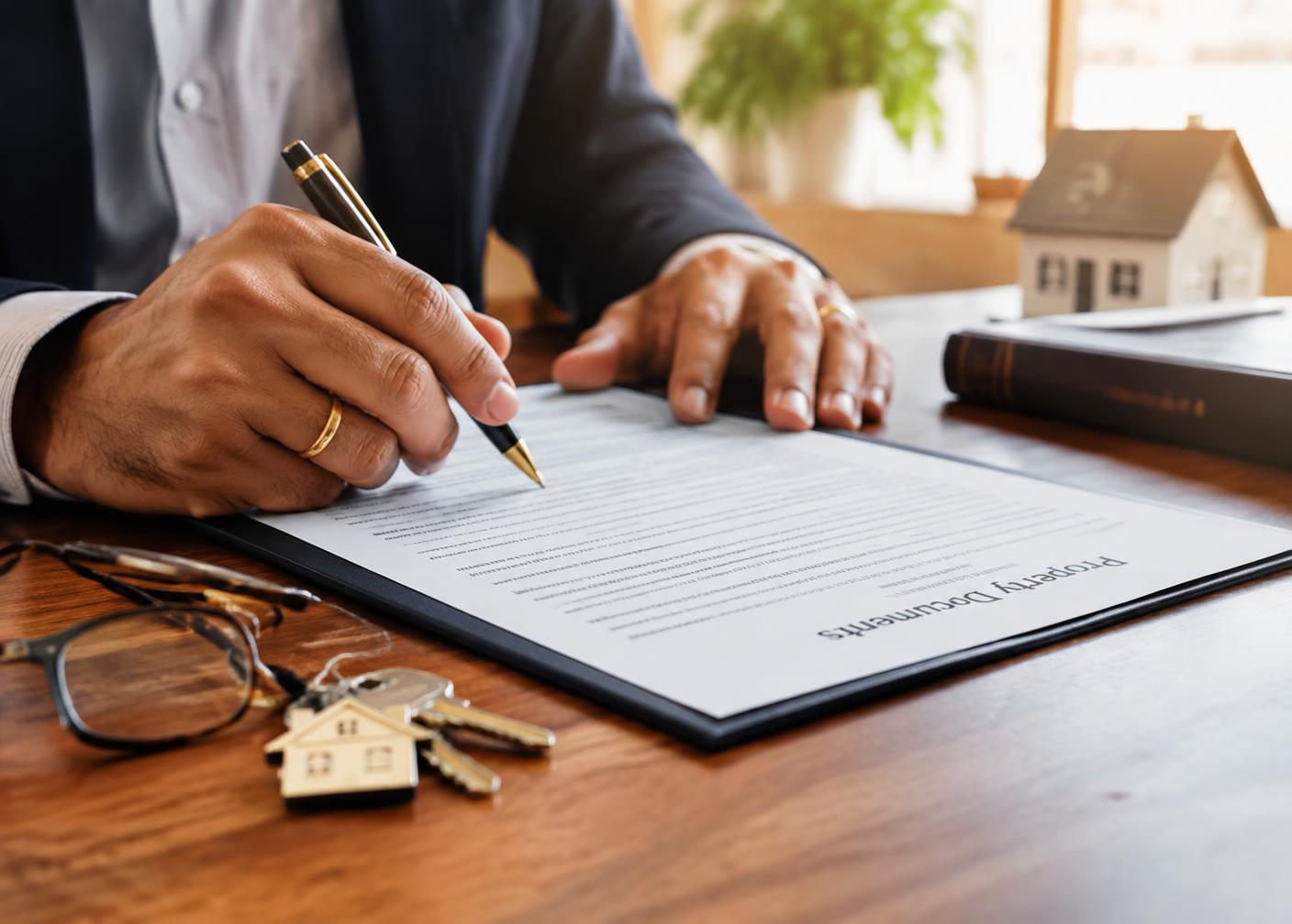 Careful review of property documents with keys on the desk